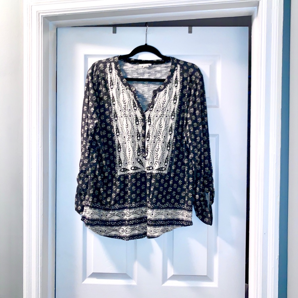 Style & Co Boho Print Blouse Gray Cream Peasant Top Size L